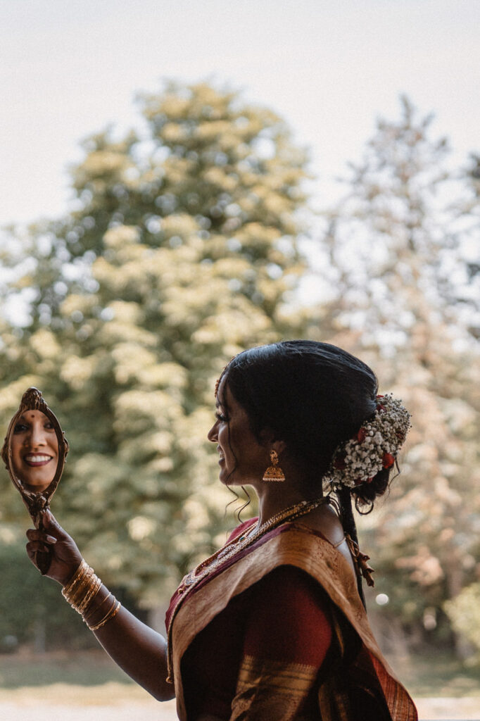 Bride and groom exchanging a loving glance.
