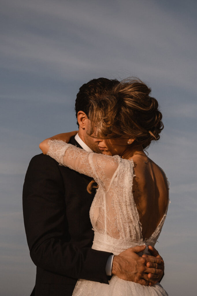 Close-up of the bride's veil and hairstyle.